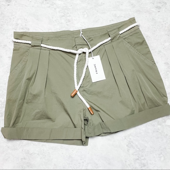 FRAME Tie Up Rolled Rope Belt Olive Green Shorts - Picture 5 of 9
